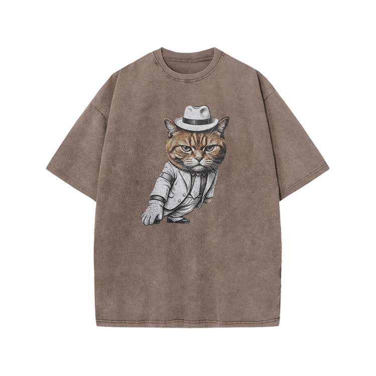 Vintage Gentleman Cat Graphic Print Acid Washed T-shirt