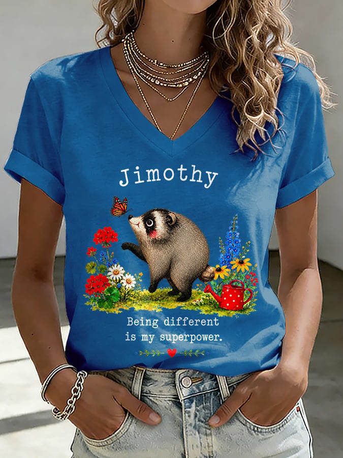 V-Neck Retro Jimothy Raccoon Being Different Is My Superpower Print T-Shirt