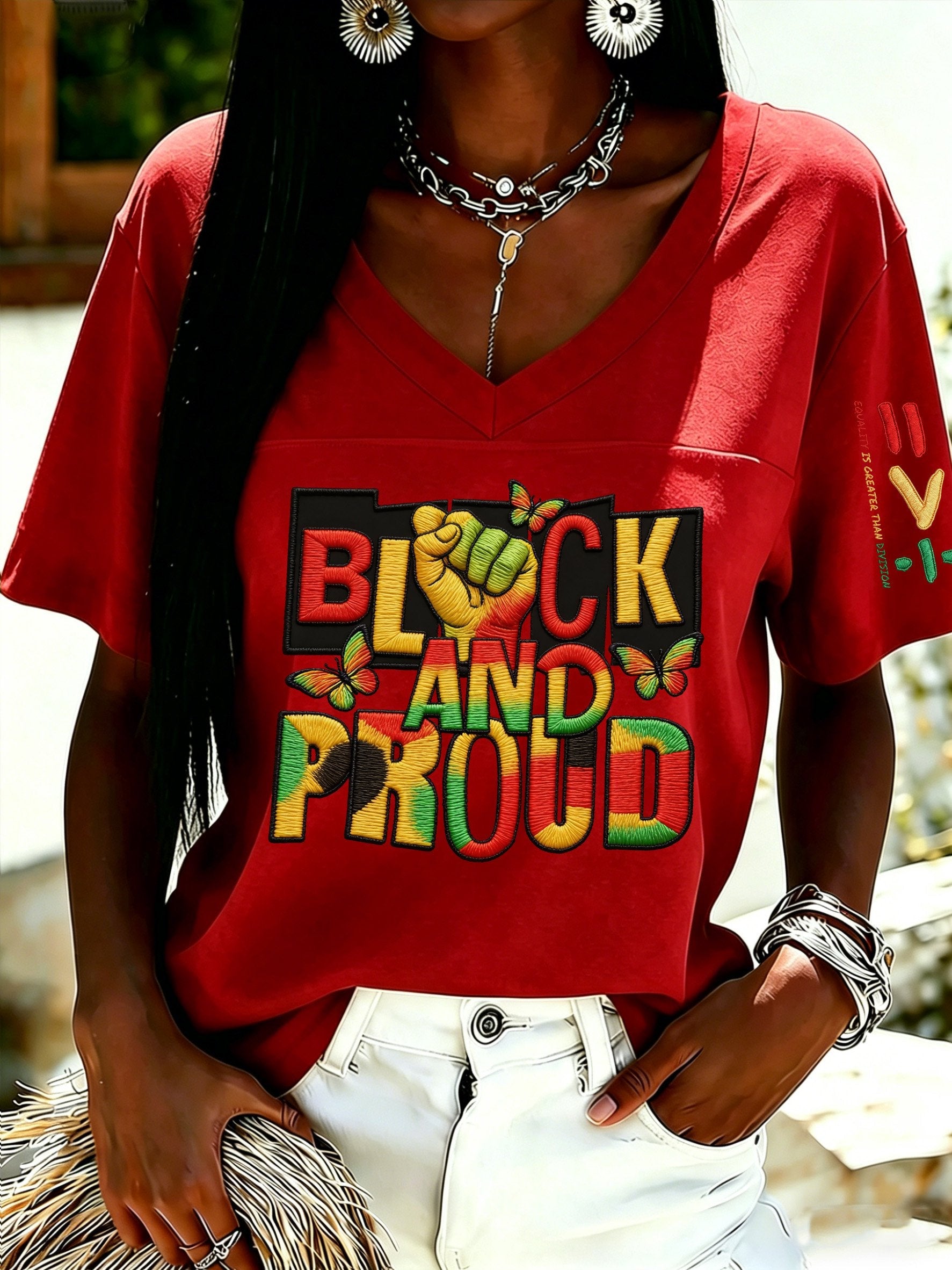 African American Women's Juneteenth Print V-Neck Top