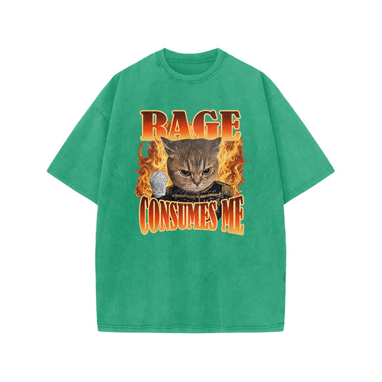 Vintage Washed Rage Consumes Me Cat Graphic Print Acid Washed T-shirt