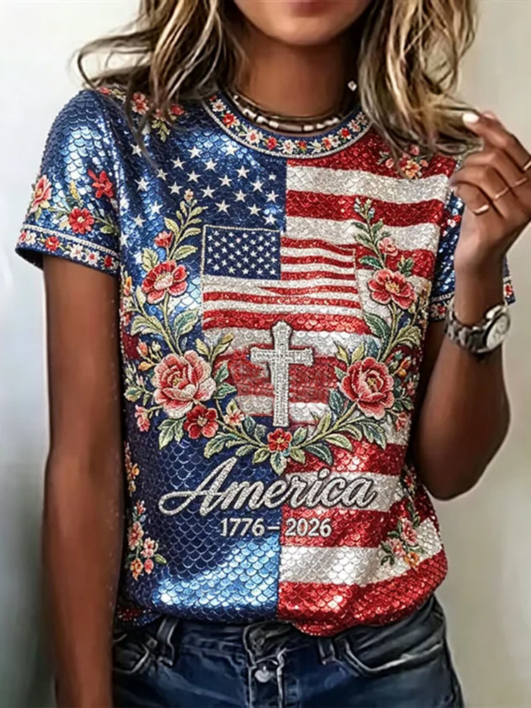Women's Retro Distressed American Flag And Floral Sequin Art Cotton Linen Casual Crew Neck Short Sleeve T-shirt