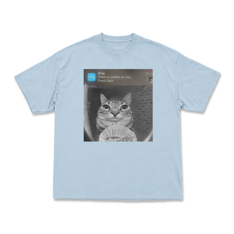Casual Cat Doorbell Graphic Crew Neck T Shirt