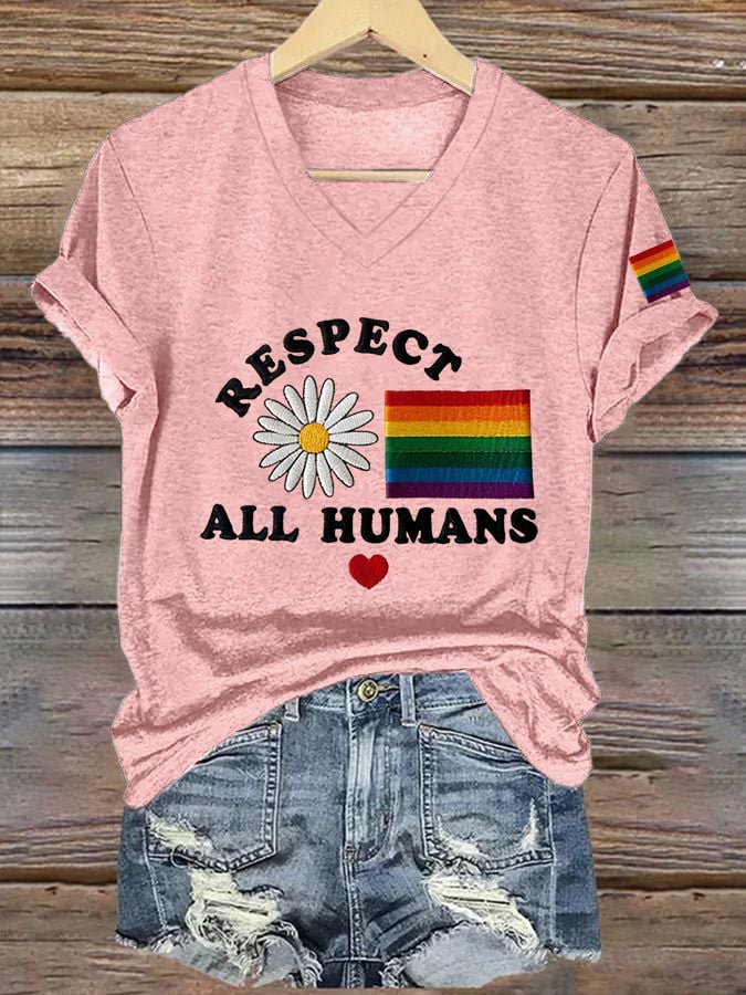 Women's LGBT Respect All Humans  Print V-Neck T-Shirt