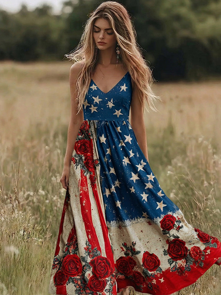 Women's Retro Independence Day Flag Roses Art Linen Dress