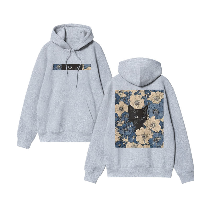 Black Cat In A Patchwork Flower Field Print Hoodie