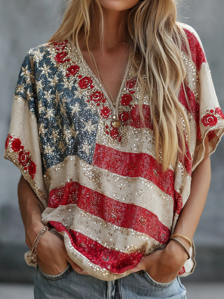 Women's Floral Flag Embroidered Print V-neck Linen T-shirt