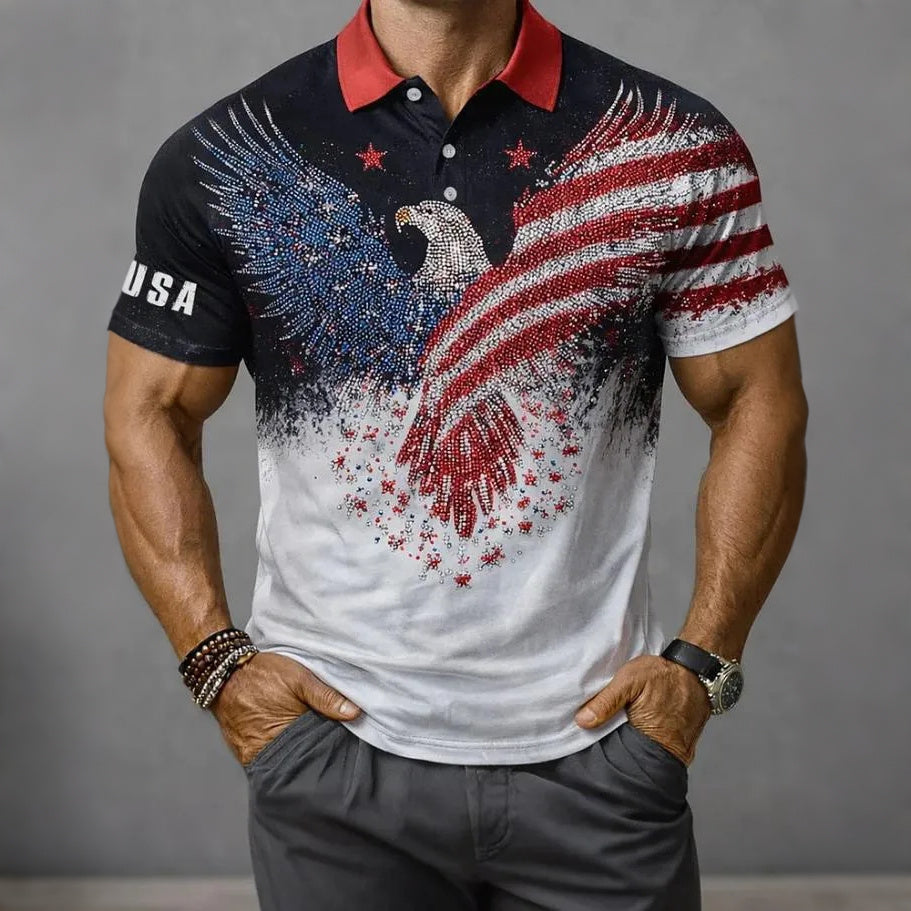 Men's American Eagle Rhinestone Art Print Polo Shirt