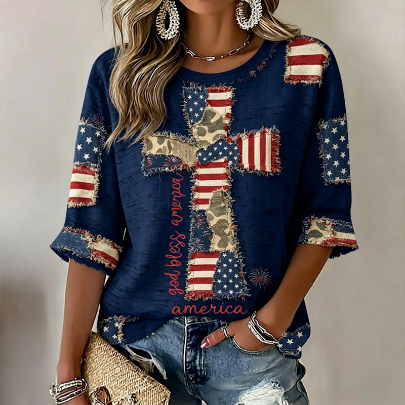 Women's  Flag In Faith Art Three-quarter Sleeve V Neck Linen Tops