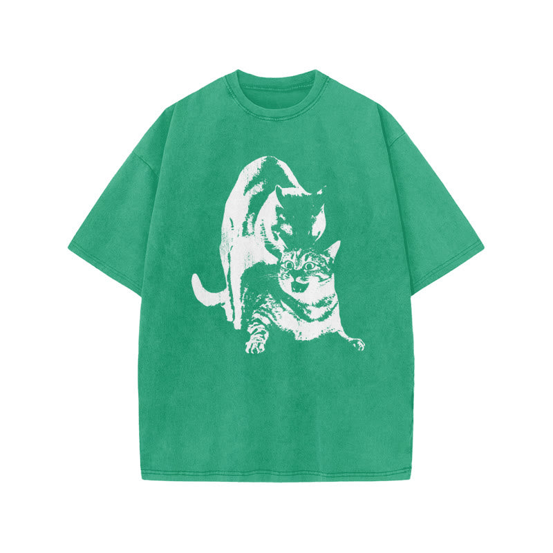 Viral Cat Meme Print Acid Washed T-shirt