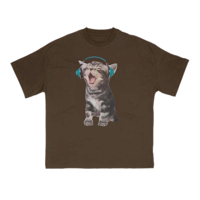 Funny Tabby Cat Wearing Headphones Print T-shirt