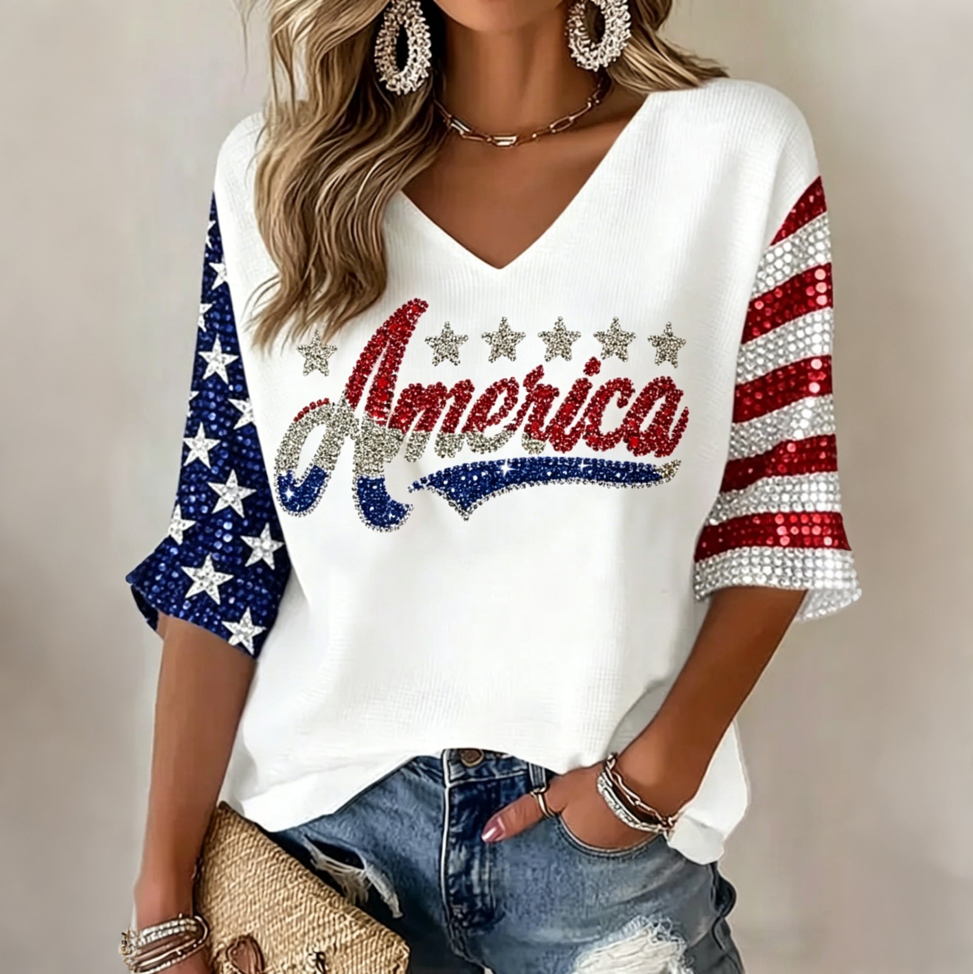 Women's Flag Art Three-quarter Sleeve V Neck Linen Tops