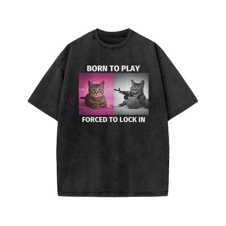 Casual Born to Play Cat Graphic Print Acid Washed T-shirt