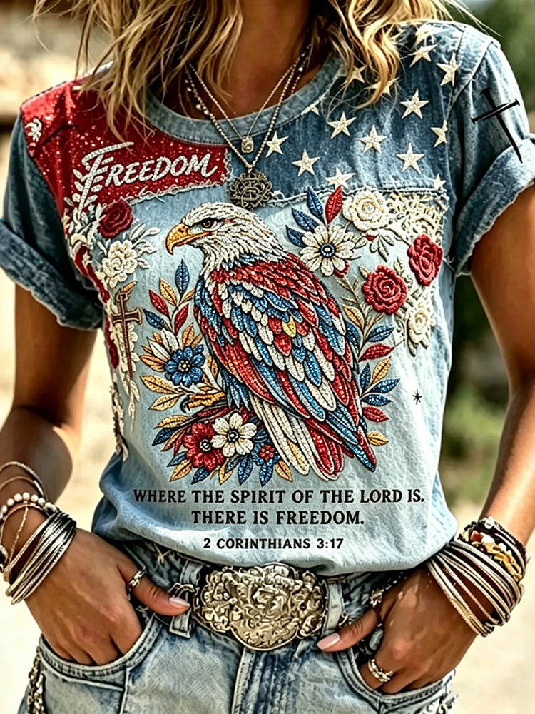 Women's Independence Day The American Flag Faith Print T-shirt
