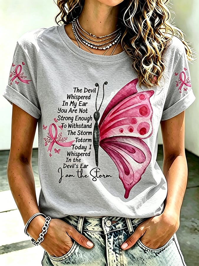 Women's Retro Flower Breast Cancer Awareness Printed T-Shirt