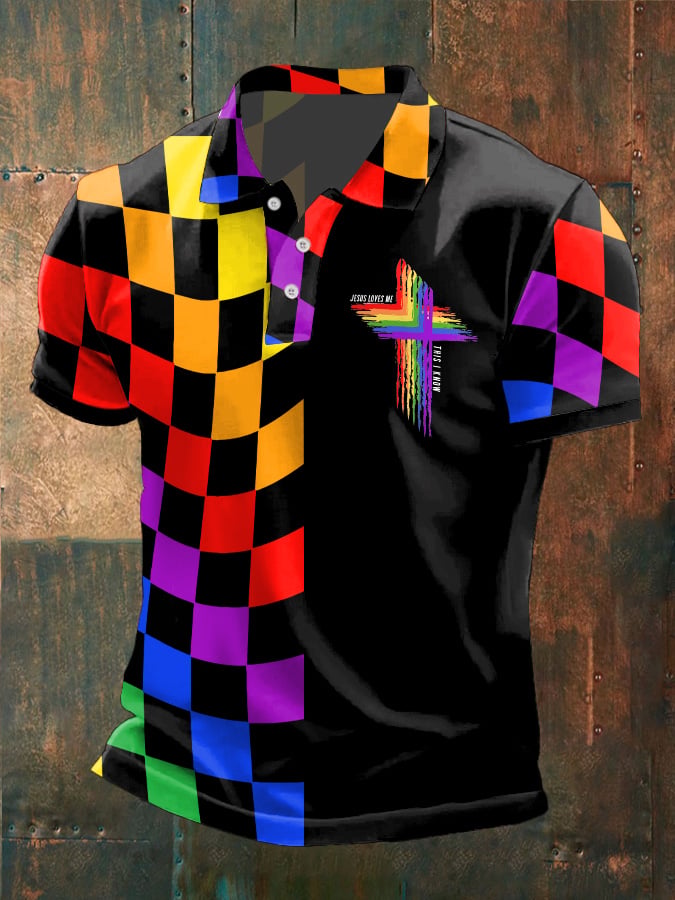 Men's Casual Gay Rainbow Cross Pride Print Polo Shirt