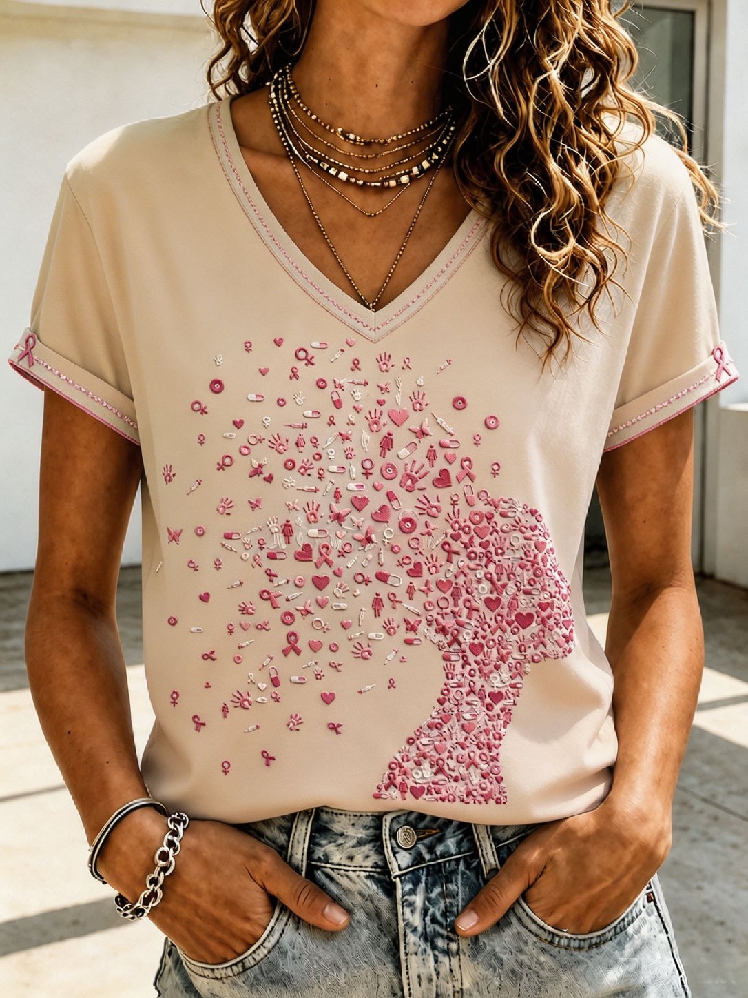 Women's Casual Retro  Floral Print Top (Breast Cancer Awareness)