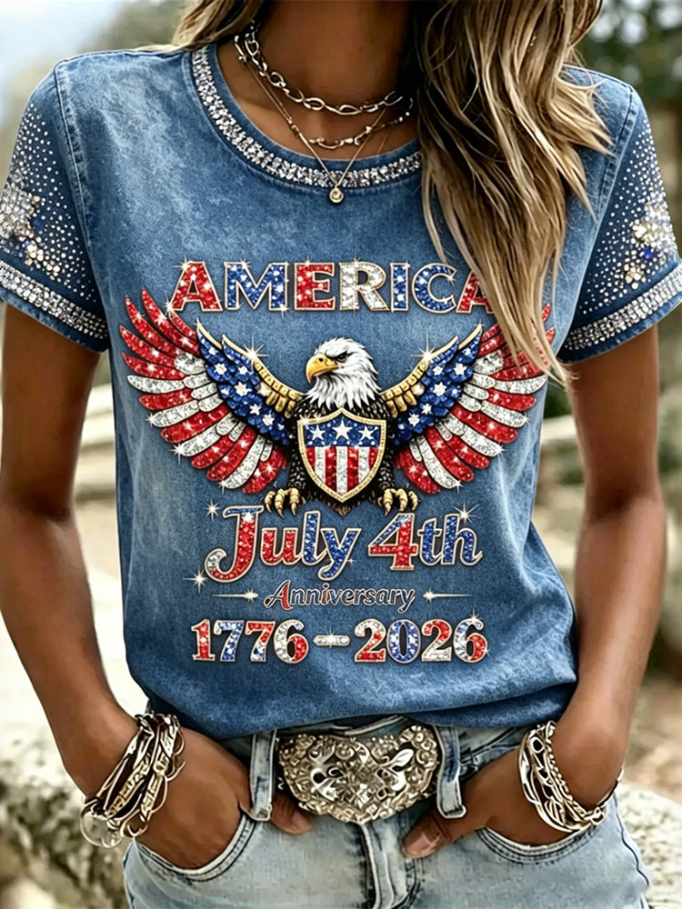Women's American Anniversary Hot Drill Design T-shirt