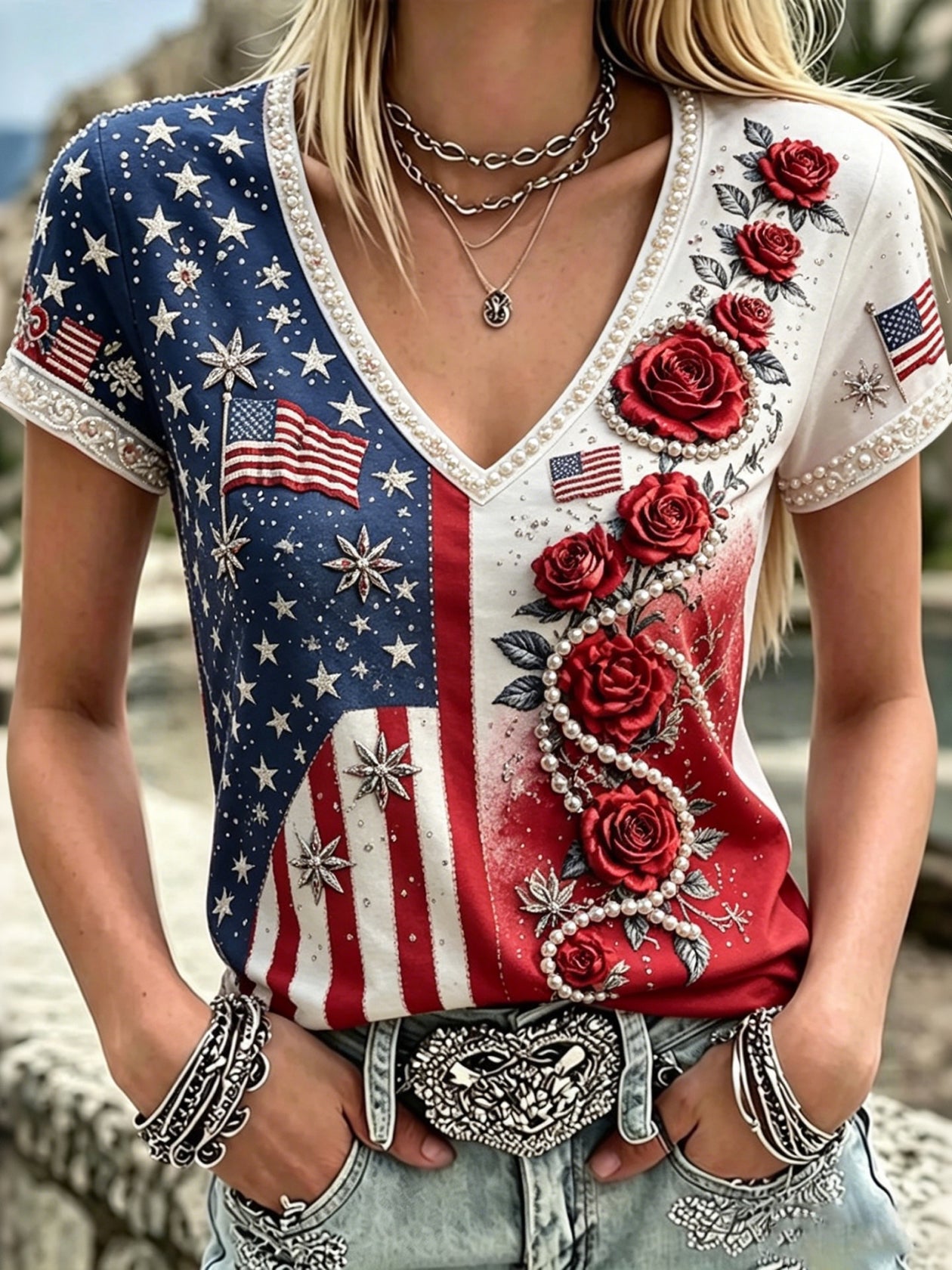 Women's National Flag And Rose Color-blocked Short-sleeved T-shirt