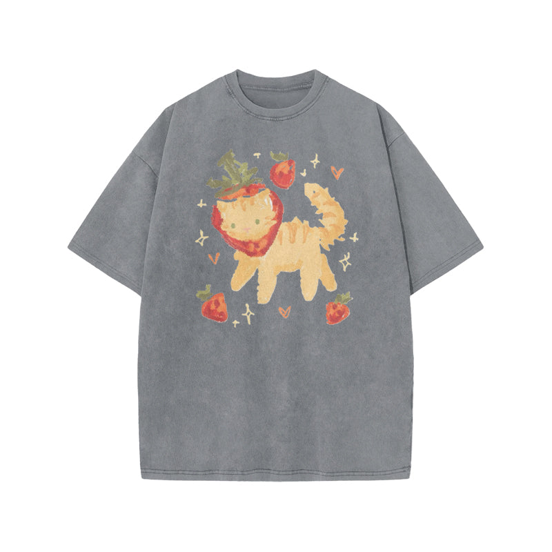 Cat Wearing A Strawberry Hood Print Acid Washed T-shirt