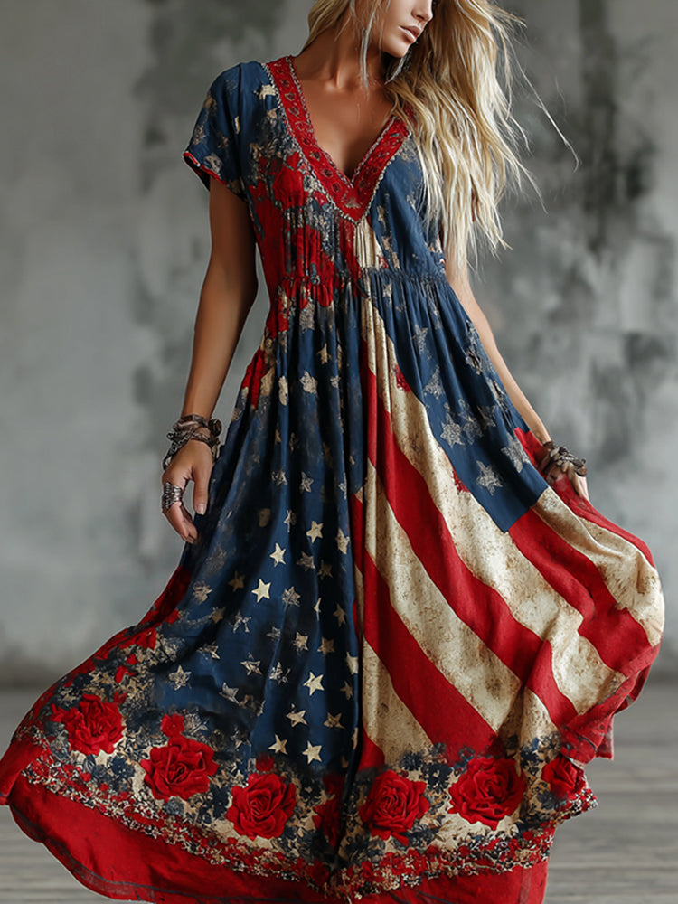 Women's Vintage Floral Flag Art Print Maxi Dress