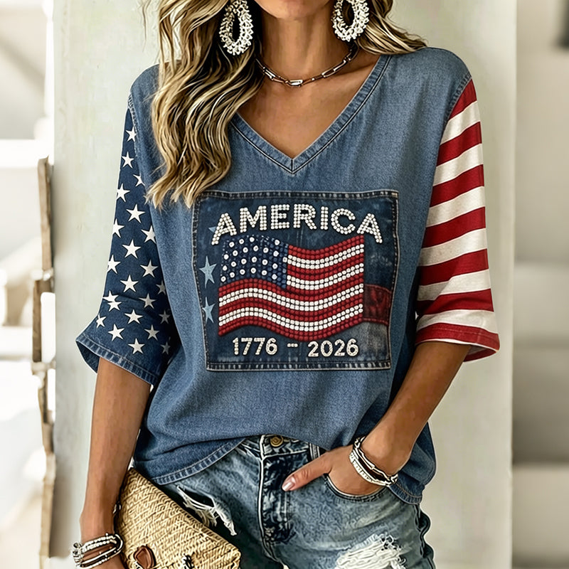 Women's Retro Independence Day Flag Art Three-quarter Sleeve V Neck Linen Tops