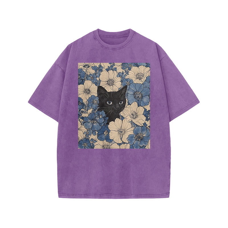 Black Cat In A Patchwork Flower Field Front Print Acid Washed T-shirt