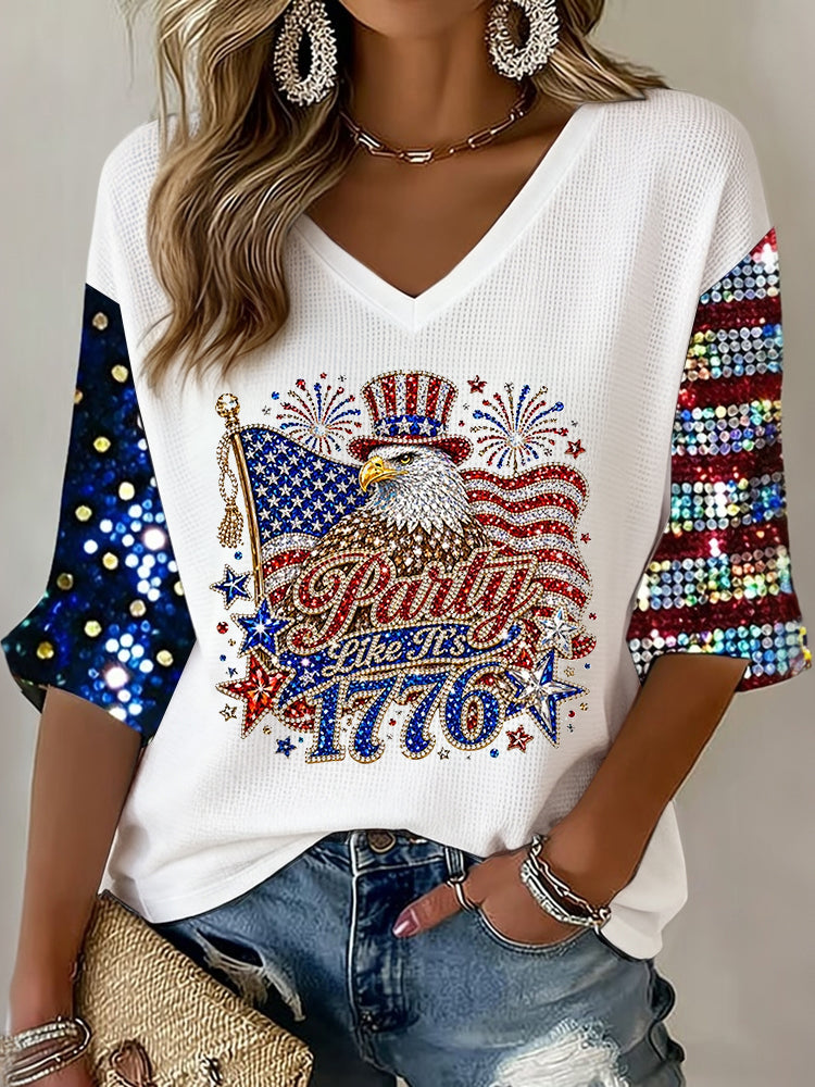 Women's Retro Independence Day Flag And Eagle Three-quarter Sleeve V Neck Linen Tops