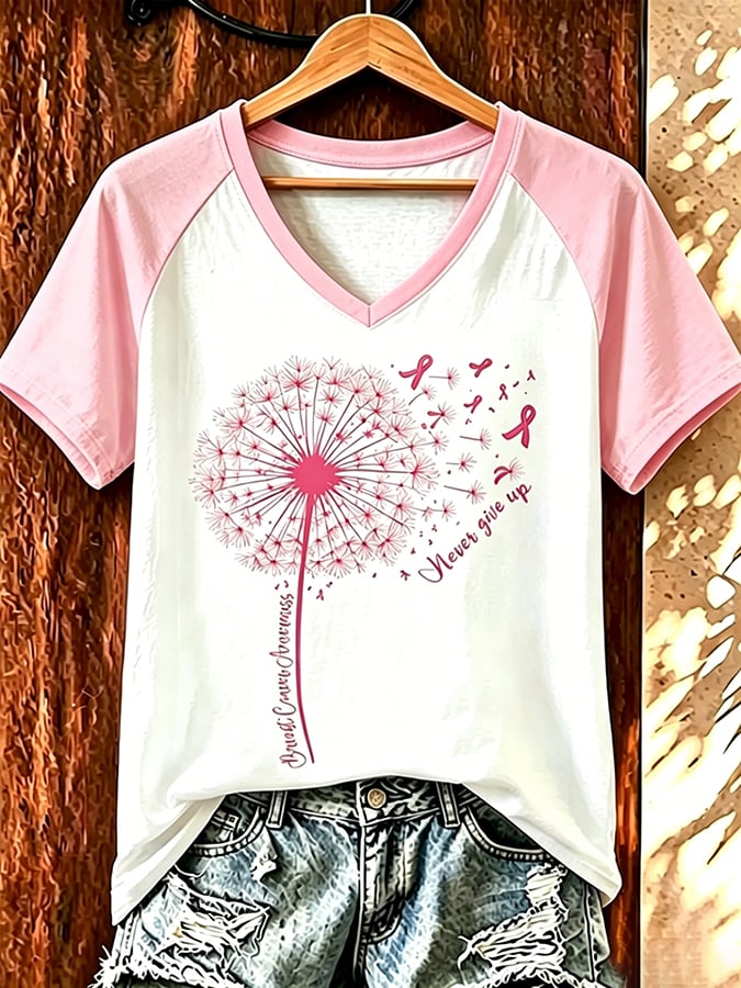 Women's Retro Flower Breast Cancer Awareness Printed T-Shirt