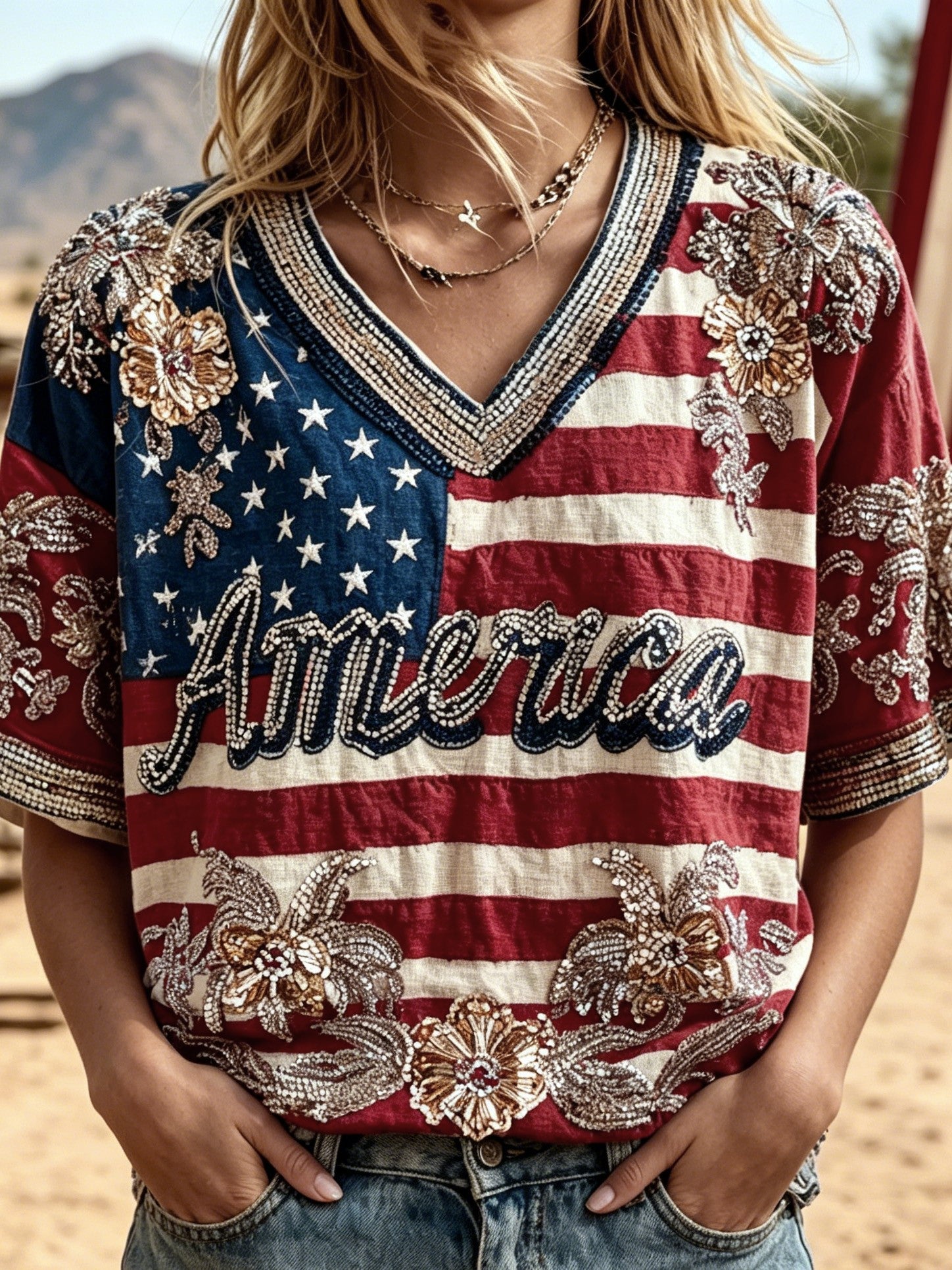 Women's Retro American Flag Floral Print Cotton Linen Comfortable V-neck T-shirt 1