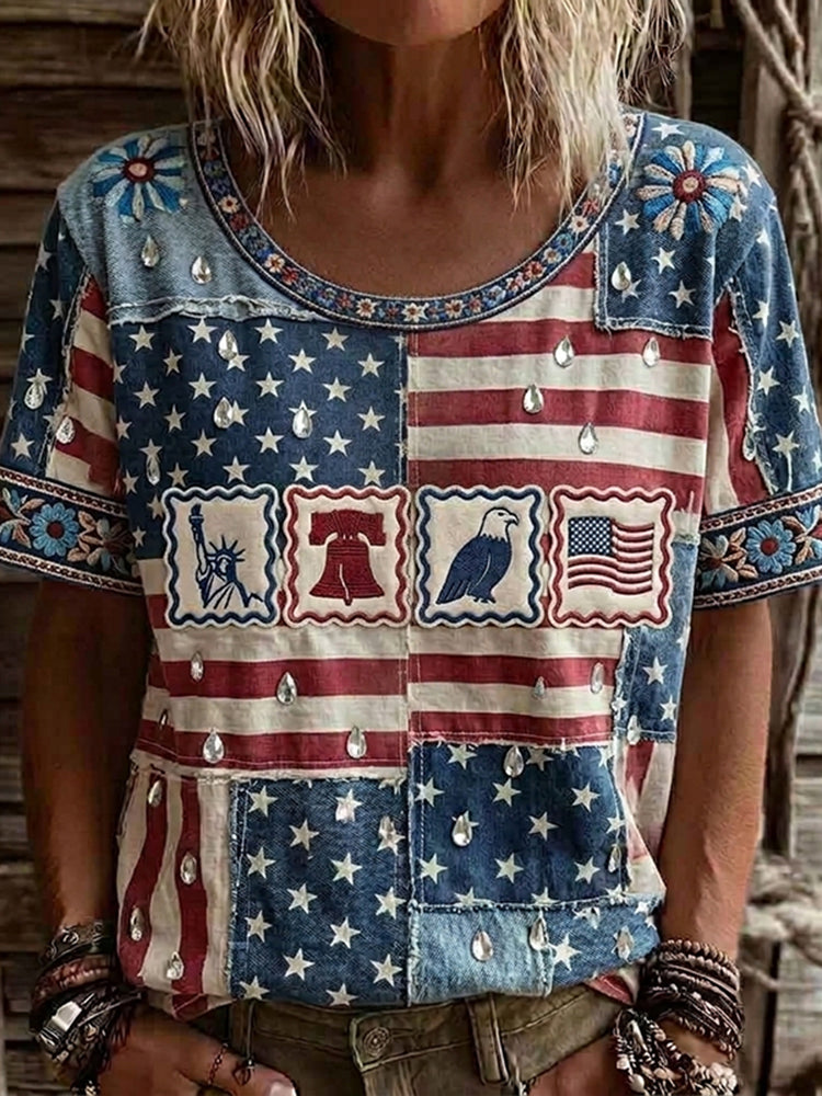 Women's Retro Usa Independence Day Peace Dove Patchwork Pattern Casual T-shirt