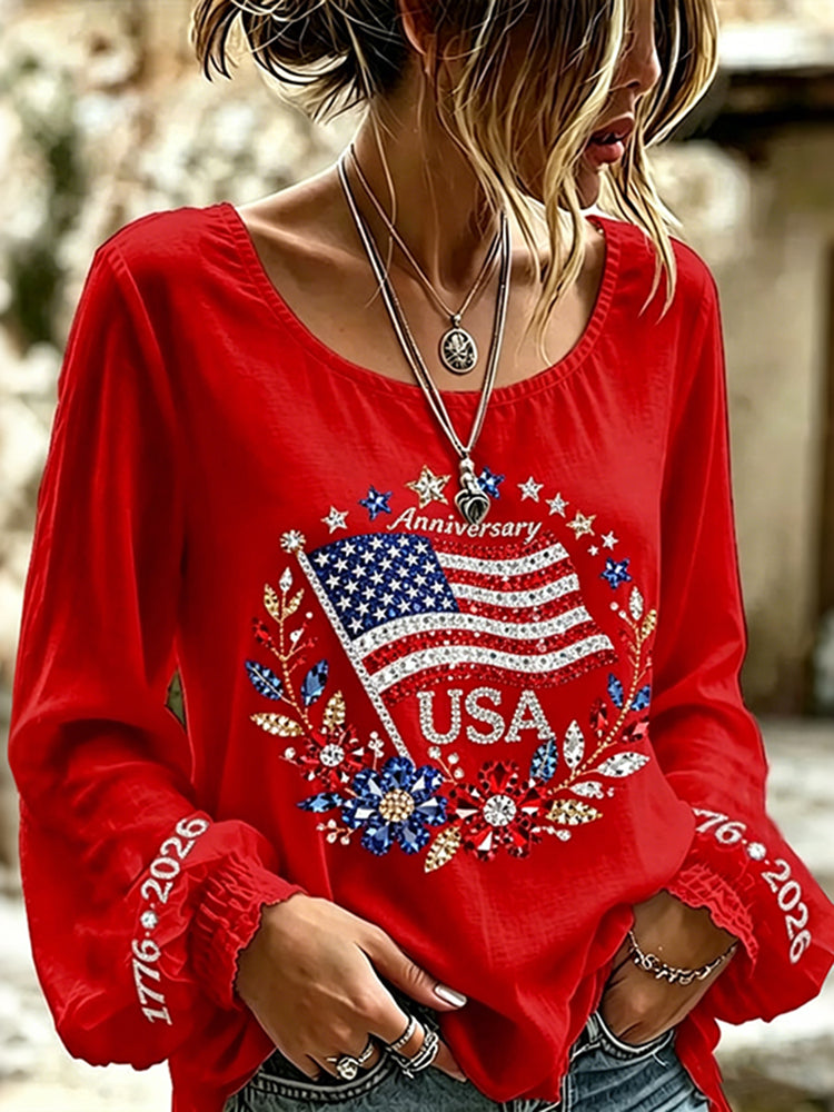 Women's Usa Anniversary Sequins Print Round Neck T-shirt