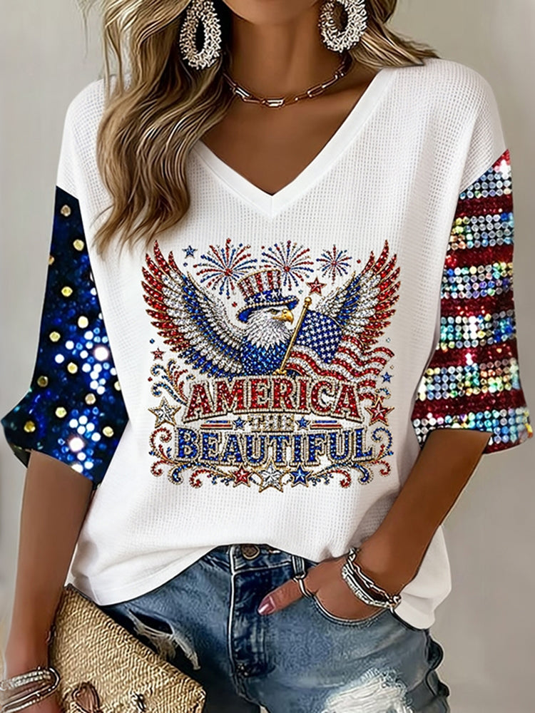 Women's Retro Independence Day Flag And Eagle Art Three-quarter Sleeve V Neck Linen Tops
