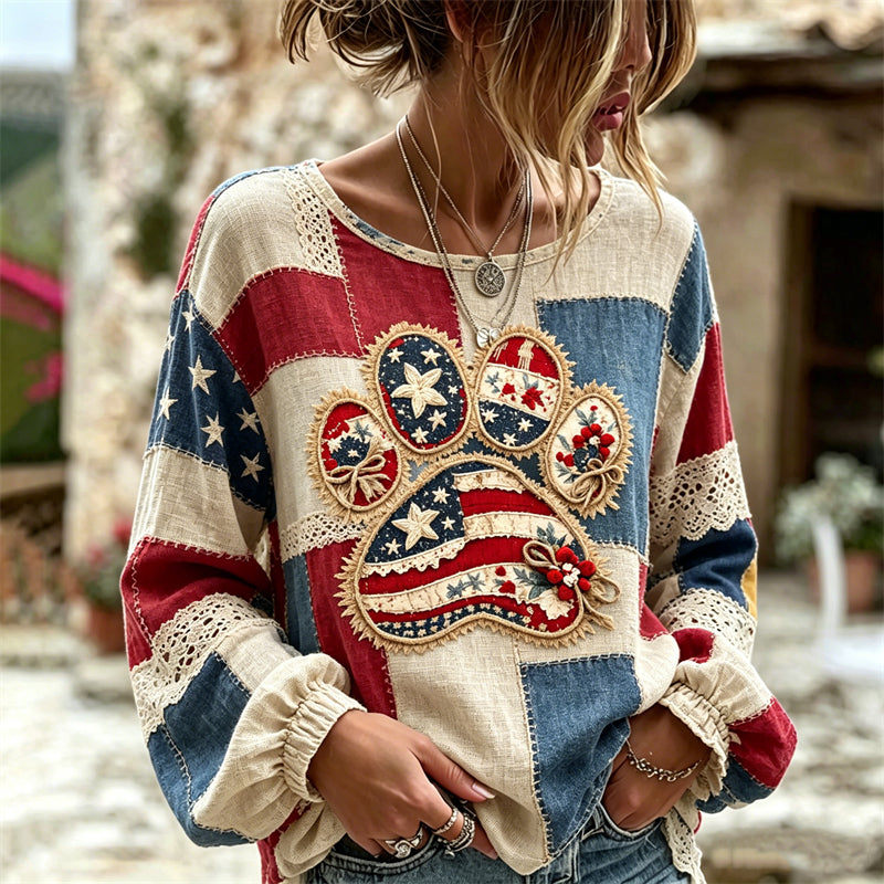 Floral Paw Prints American Flag Patchwork Linen Tunic