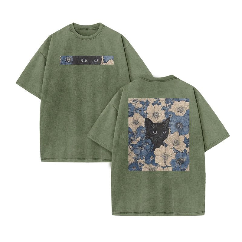 Black Cat In A Patchwork Flower Field Print Acid Washed T-shirt