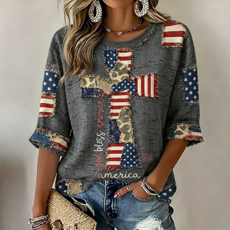 Women's  Flag In Faith Art Three-quarter Sleeve V Neck Linen Tops