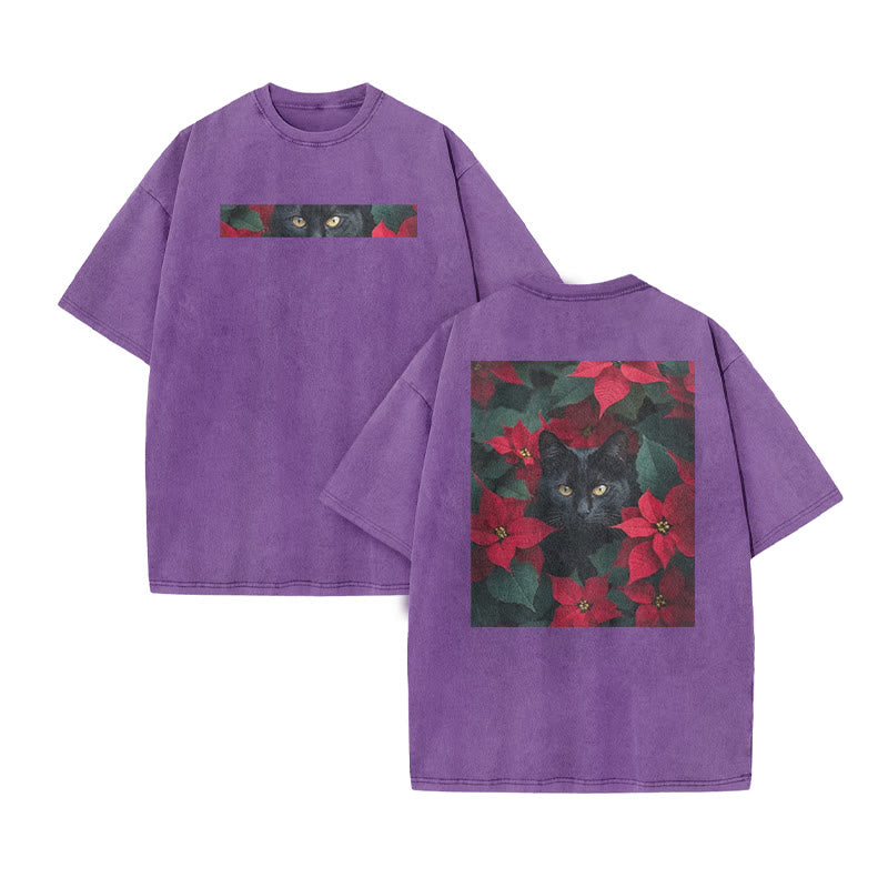 A Black Cat In A Field Of Christmas Flowers Print Acid Washed T-shirt
