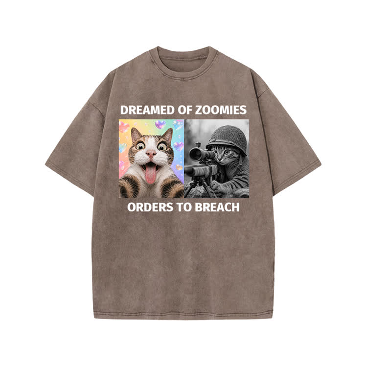 Streetwear Zoomies Cat Graphic Print Acid Washed T-shirt