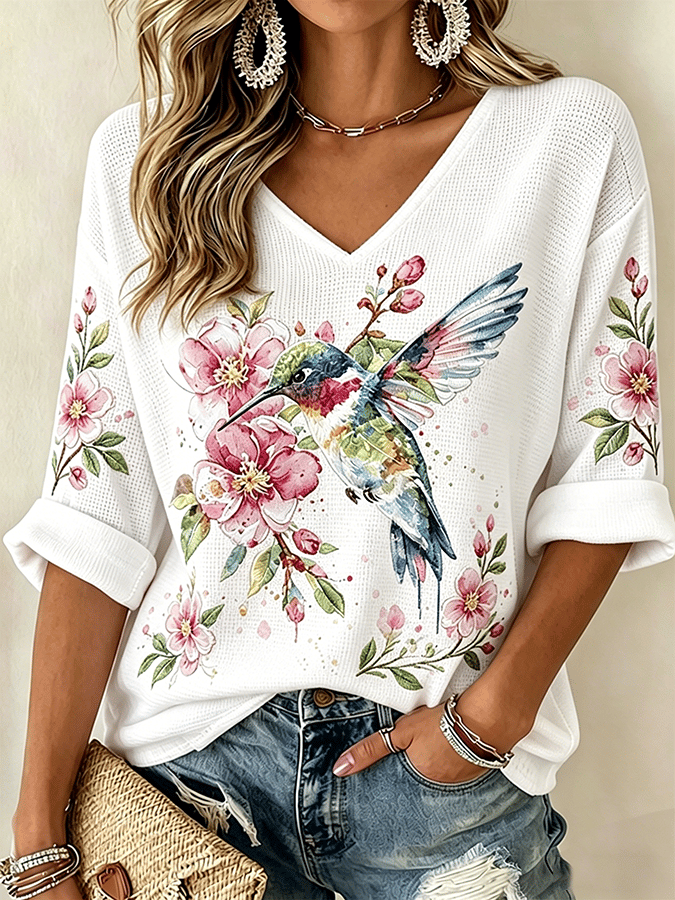 Retro Pink Floral Hummingbird Art Print Casual Top