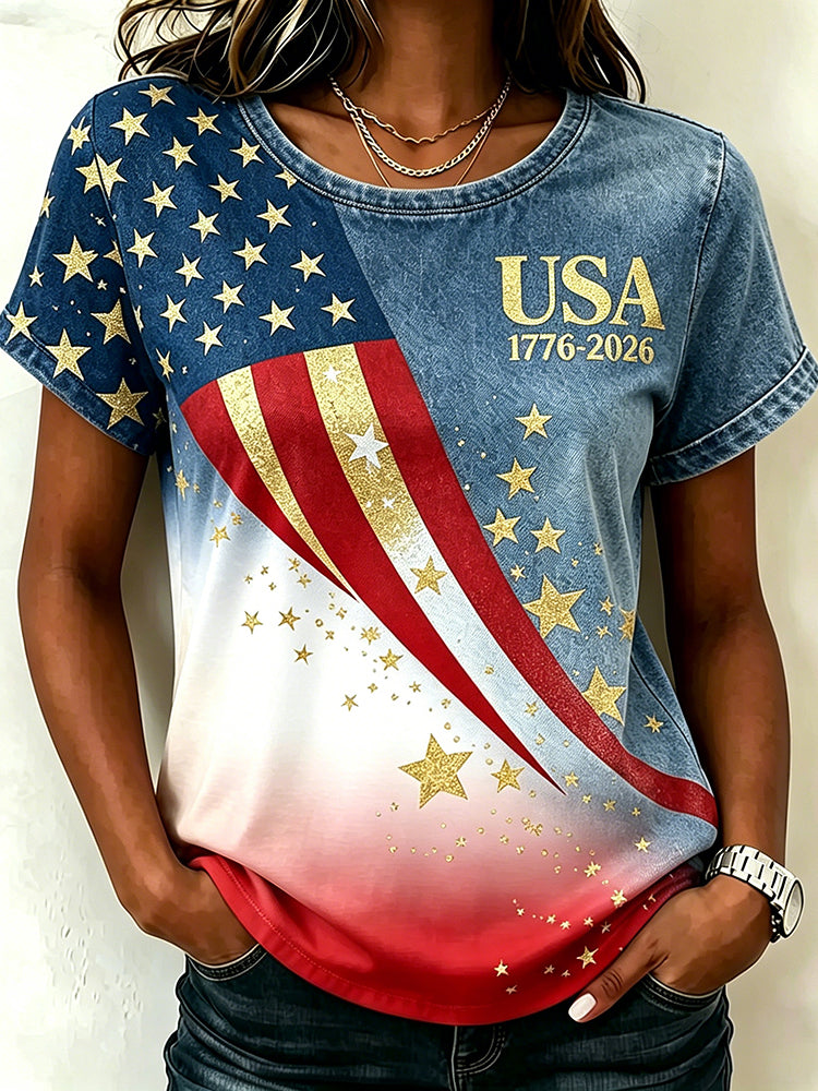 Women's Retro Independence Day Anniversary Printed T-shirt