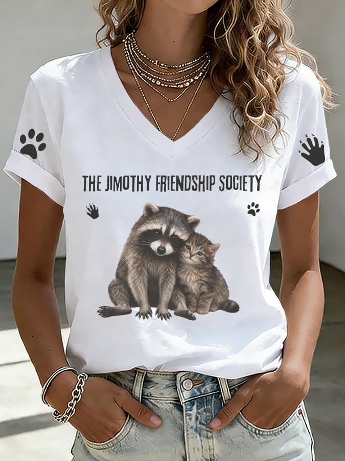 V-Neck Retro The Jimothy Friendship Society Print T-Shirt