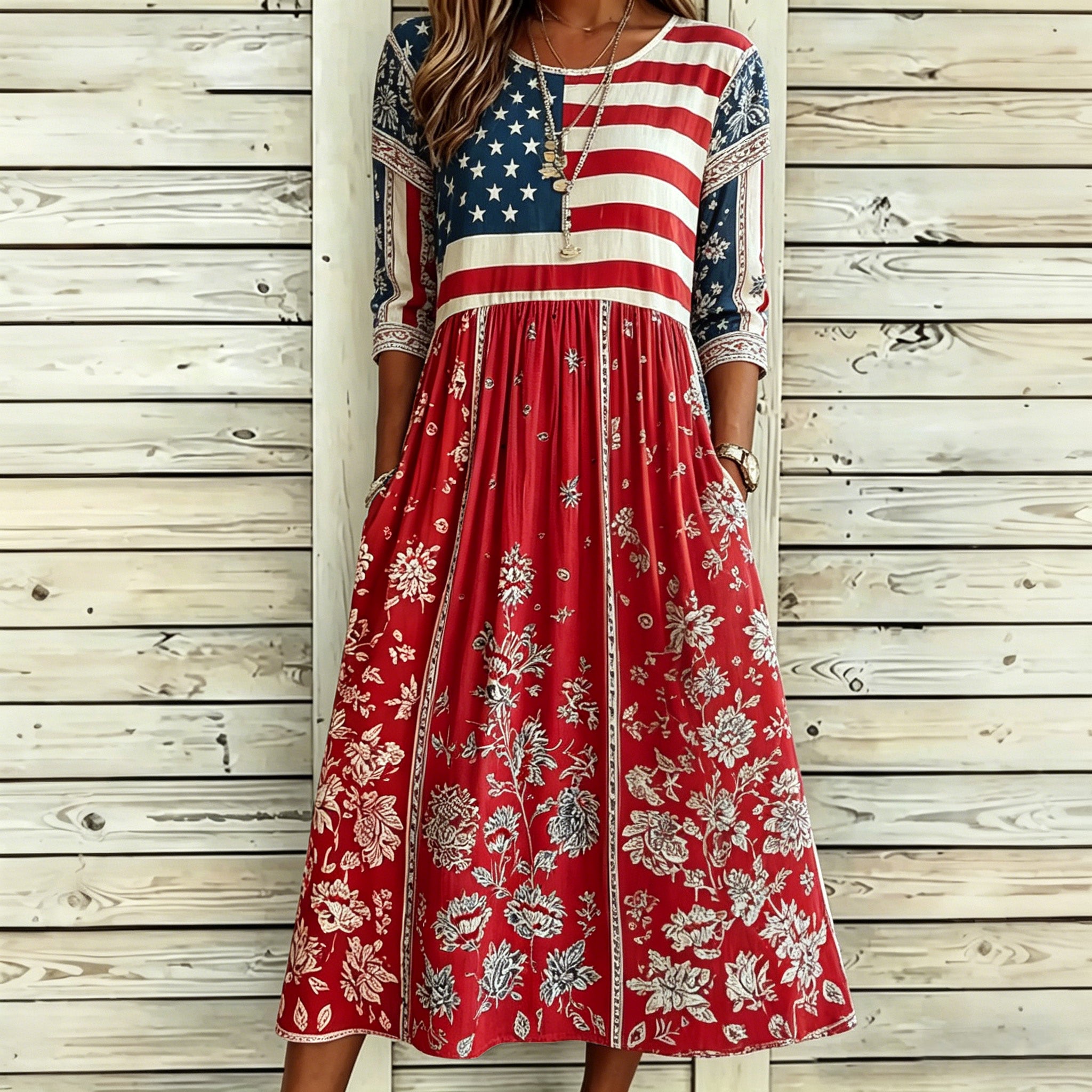 Women's Independence Day Flag And Floral Art Print Cotton Linen Casual Maxi Dress