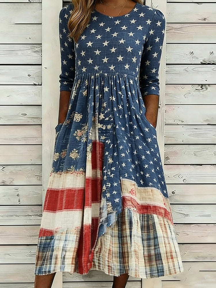 Women's Retro July 14th Commemorative Print Casual Crew Neck Dress