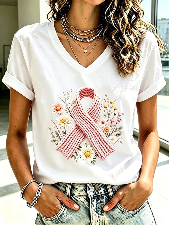 Women's Retro Flower Breast Cancer Awareness Printed T-Shirt