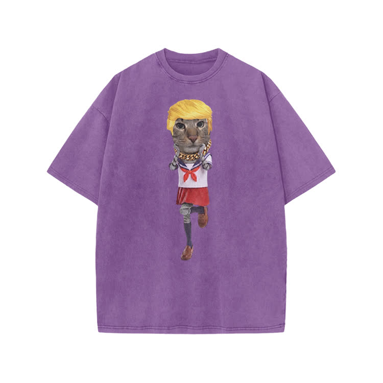Playful Cartoon Cat Graphic Print Acid Washed T-shirt