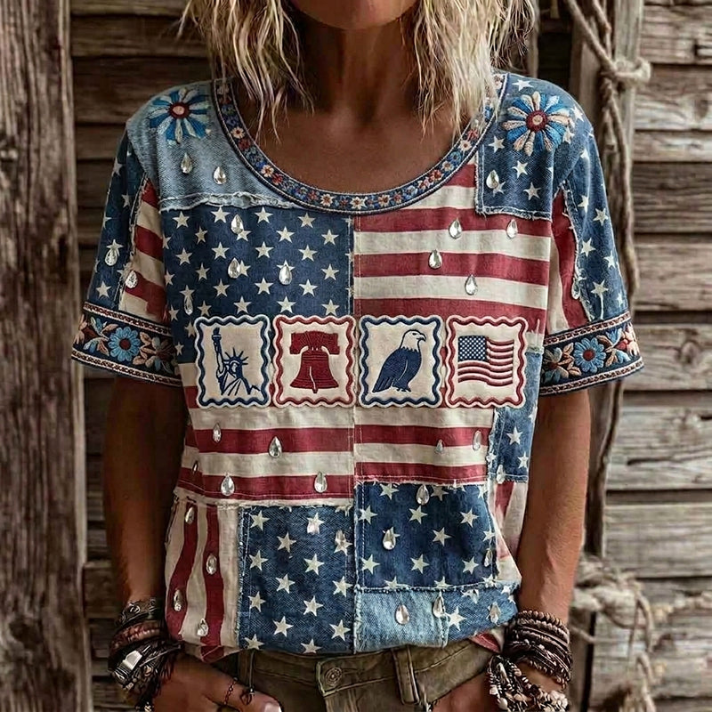 Women's Retro Usa Independence Day Peace Dove Patchwork Pattern Casual T-shirt