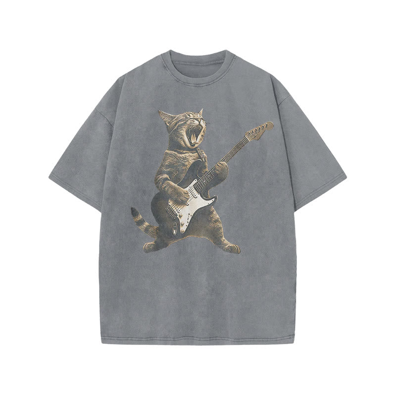 Unisex Rock Cat Playing Guitar Print Acid Washed T-shirt