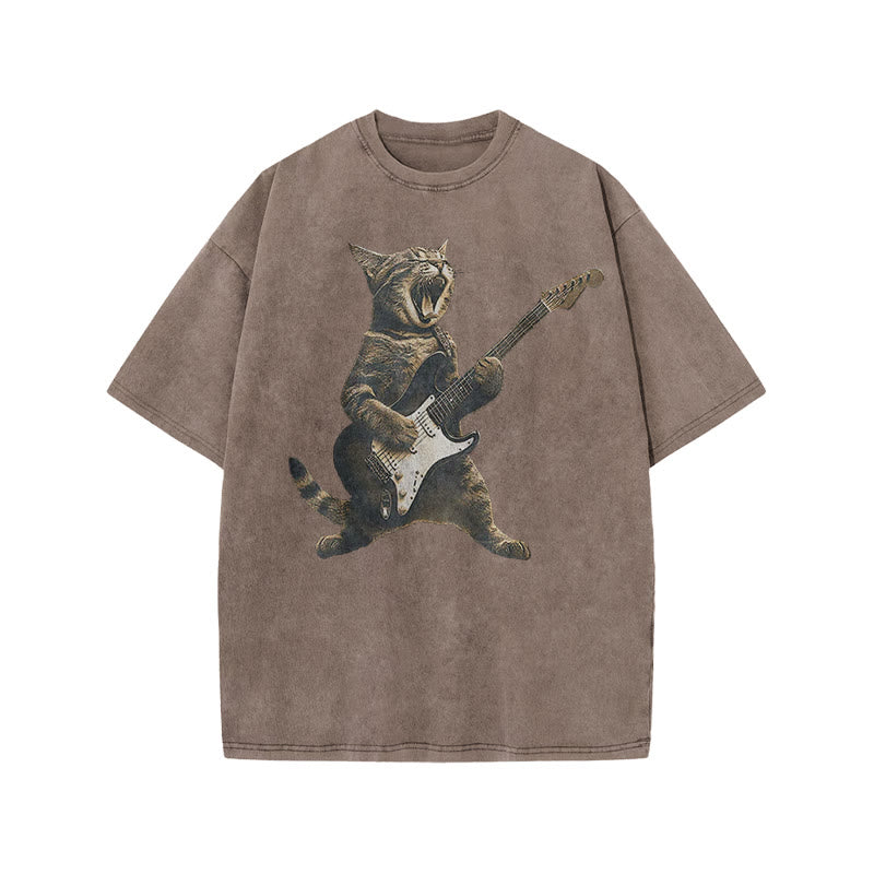 Unisex Rock Cat Playing Guitar Print Acid Washed T-shirt