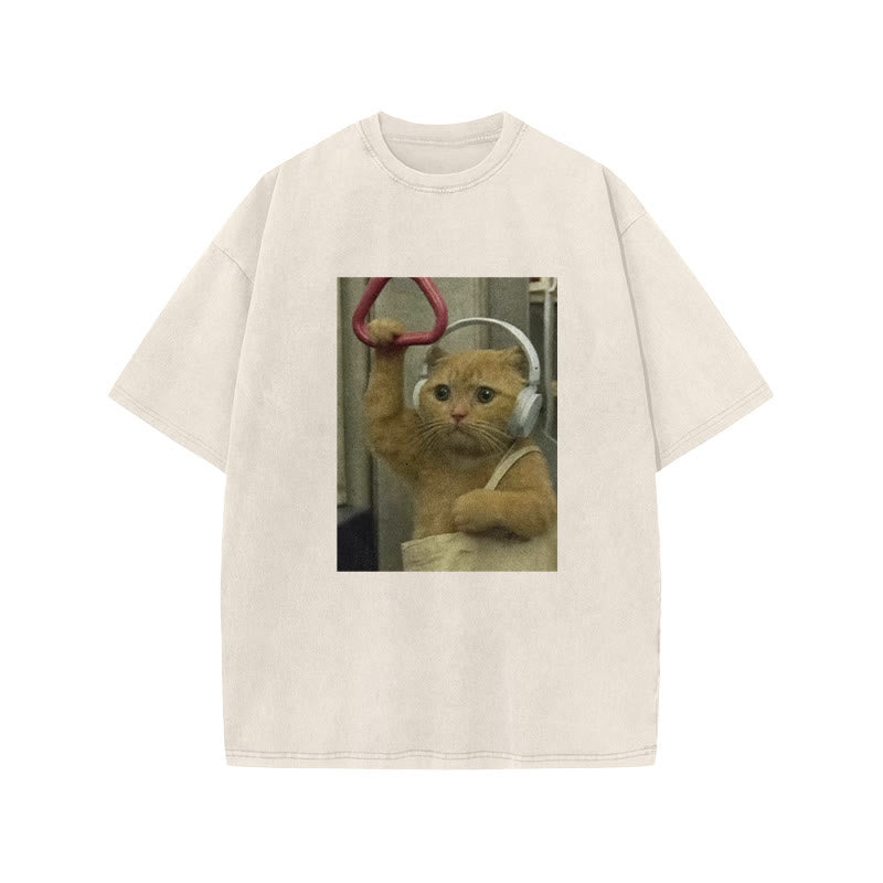 Unisex Cat Riding The Subway Print Acid Washed T-shirt