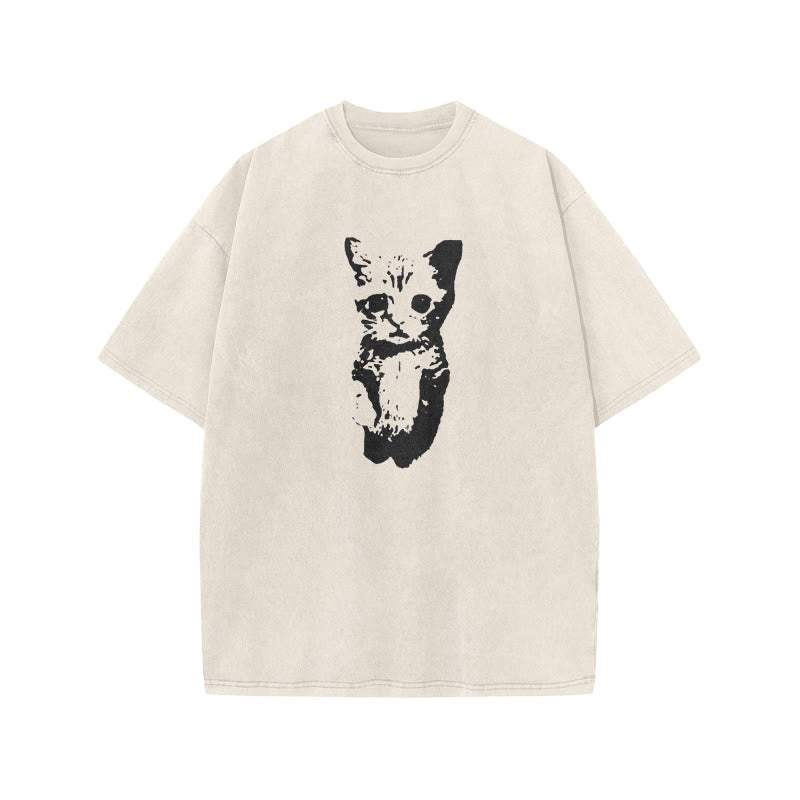 Unisex Cute Cat Print Acid Washed T-shirt
