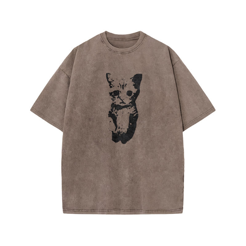 Unisex Cute Cat Print Acid Washed T-shirt